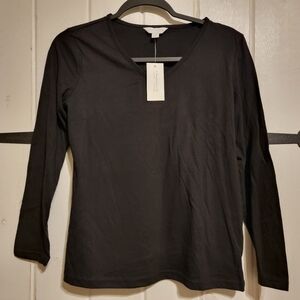 Charter Club Womens Top Black V-neck Minimalist Long Sleeve Basic Petite Size M